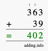 Calculate 363 + 39 using long addition