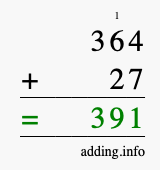 Calculate 364 + 27 using long addition