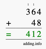 Calculate 364 + 48 using long addition