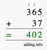 Calculate 365 + 37 using long addition