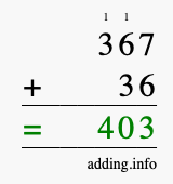 Calculate 367 + 36 using long addition