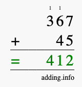 Calculate 367 + 45 using long addition