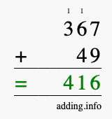 Calculate 367 + 49 using long addition
