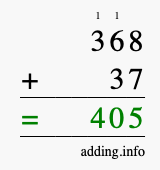 Calculate 368 + 37 using long addition