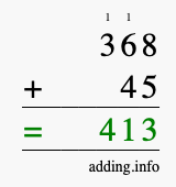 Calculate 368 + 45 using long addition