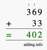 Calculate 369 + 33 using long addition