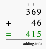 Calculate 369 + 46 using long addition
