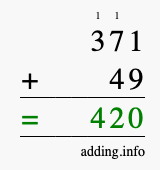Calculate 371 + 49 using long addition