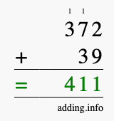 Calculate 372 + 39 using long addition