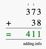 Calculate 373 + 38 using long addition
