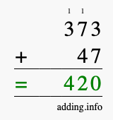 Calculate 373 + 47 using long addition