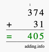 Calculate 374 + 31 using long addition