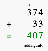 Calculate 374 + 33 using long addition