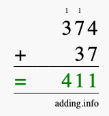 Calculate 374 + 37 using long addition