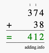 Calculate 374 + 38 using long addition