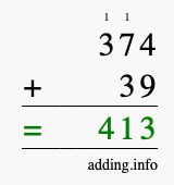 Calculate 374 + 39 using long addition