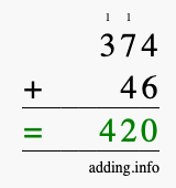 Calculate 374 + 46 using long addition