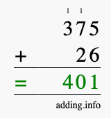Calculate 375 + 26 using long addition