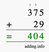 Calculate 375 + 29 using long addition