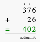 Calculate 376 + 26 using long addition