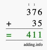 Calculate 376 + 35 using long addition