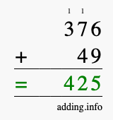 Calculate 376 + 49 using long addition