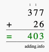 Calculate 377 + 26 using long addition