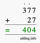 Calculate 377 + 27 using long addition