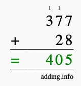 Calculate 377 + 28 using long addition