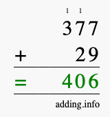 Calculate 377 + 29 using long addition