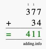 Calculate 377 + 34 using long addition