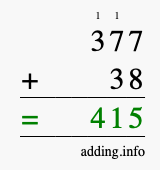 Calculate 377 + 38 using long addition