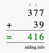 Calculate 377 + 39 using long addition