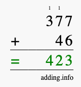 Calculate 377 + 46 using long addition