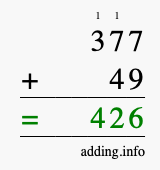 Calculate 377 + 49 using long addition