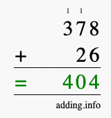 Calculate 378 + 26 using long addition
