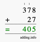 Calculate 378 + 27 using long addition
