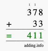 Calculate 378 + 33 using long addition