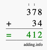 Calculate 378 + 34 using long addition