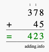 Calculate 378 + 45 using long addition