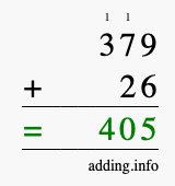 Calculate 379 + 26 using long addition