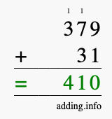 Calculate 379 + 31 using long addition