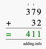 Calculate 379 + 32 using long addition