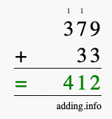 Calculate 379 + 33 using long addition