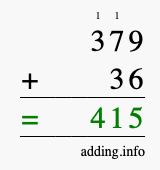 Calculate 379 + 36 using long addition