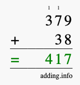 Calculate 379 + 38 using long addition