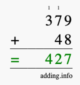 Calculate 379 + 48 using long addition