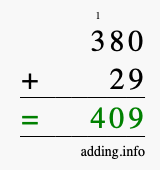 Calculate 380 + 29 using long addition