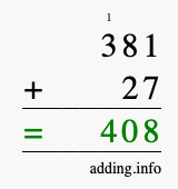 Calculate 381 + 27 using long addition