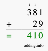 Calculate 381 + 29 using long addition